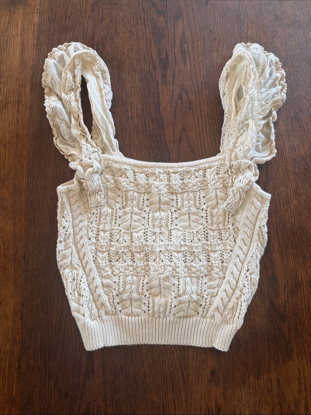 Anthropologie Women's Cream Crochet Knit Ruffle Strap Tank Top